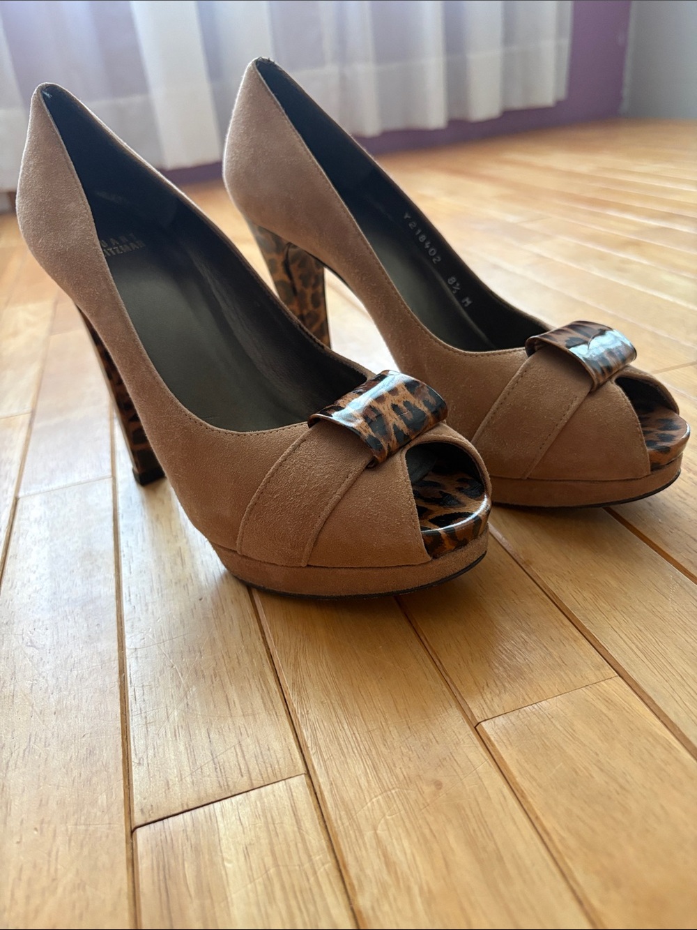 Stuart Weitzman Tan Suede Peep-Toe Heels with Leopard Accent